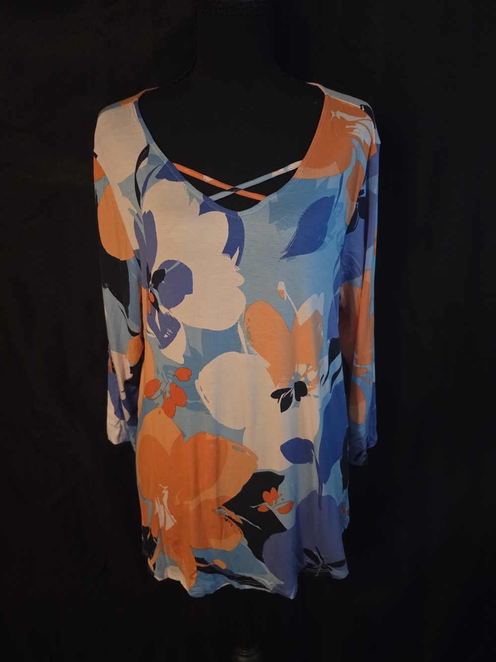 Women’s Floral Crisscross Neck Tunic Top - Blue & Orange
